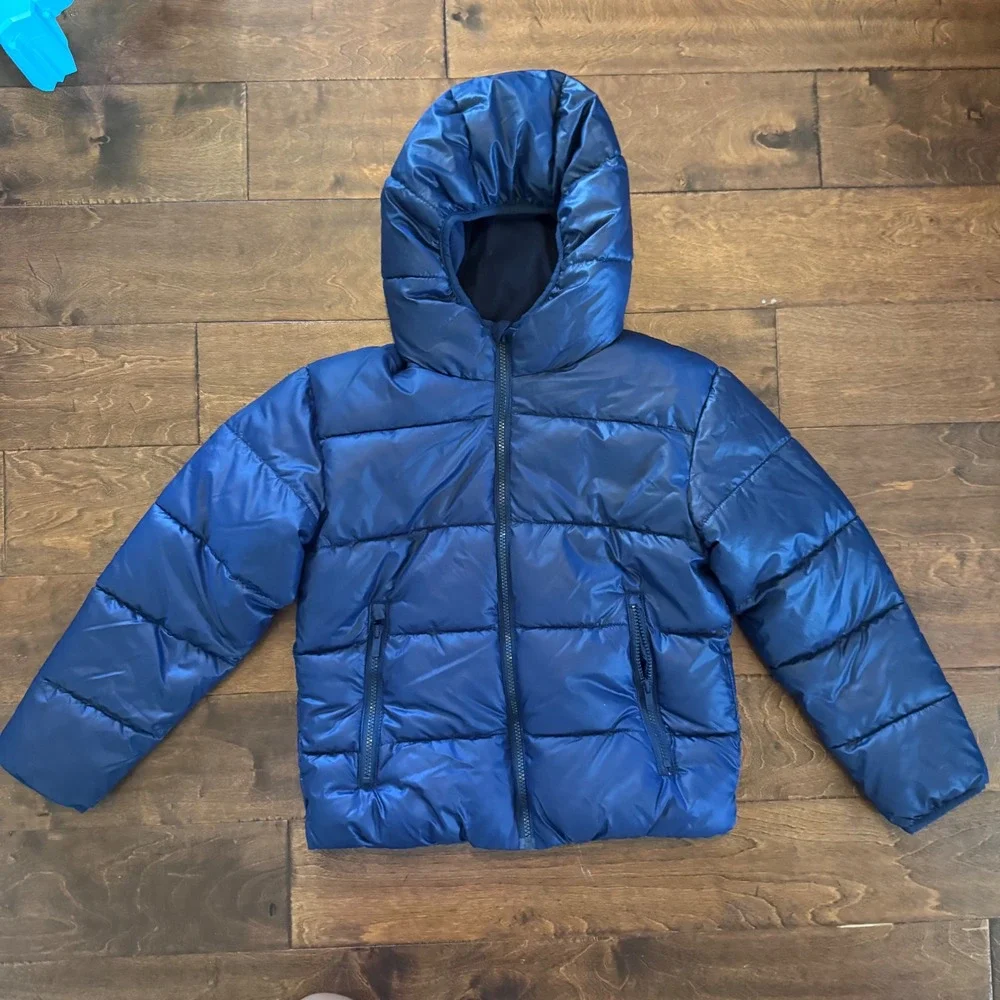 All in Motion Kids Puffer Jacket Navy Blue Hooded Wind Water Resistant Large L